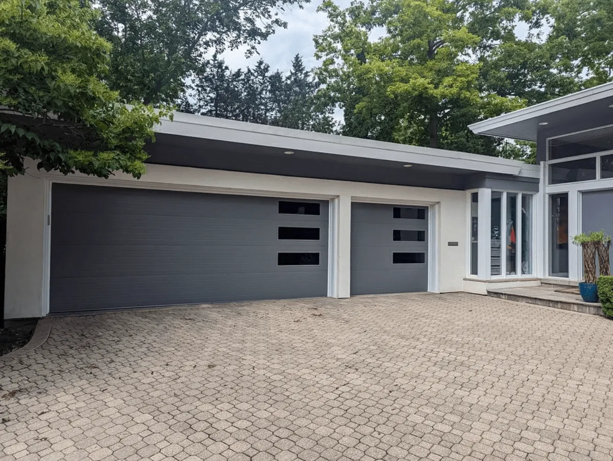 Graphite plank-style garage door in a modern gray finish